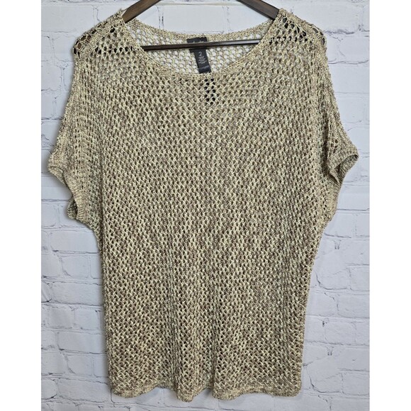 Travelers By Chico's Sz 2 Crocheted Open Knit Gold Metallic Sweater Short Sleeve - Picture 1 of 4
